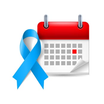 Blue awareness ribbon and calendar with marked day. Colon cancer, child abuse, Stevens  - Johnson syndrome symbol