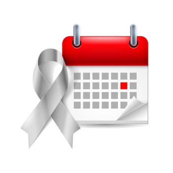 Silver awareness ribbon and calendar with marked day. Symbol of Parkinson Disease, ovarian cancer, brain disorders and disabilities