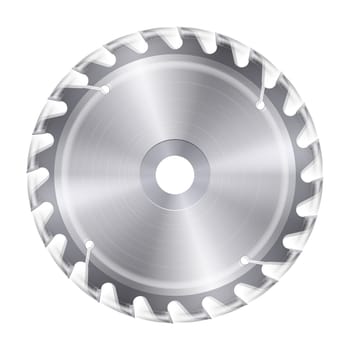 Rotating metal blade of circular saw on white background