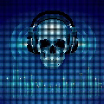 Disco background with skull in headphones, equalizer in blue shades. LED display style