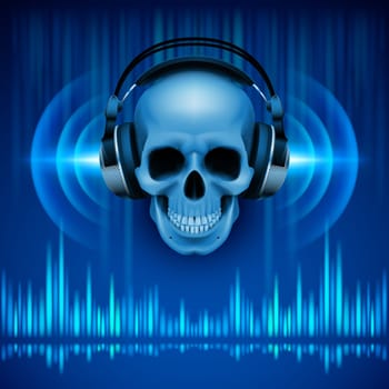 Disco background with skull in headphones, equalizer in blue shades