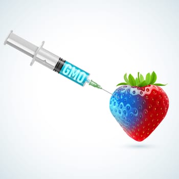 Fresh strawberry undergoing GMO rendered as syringe