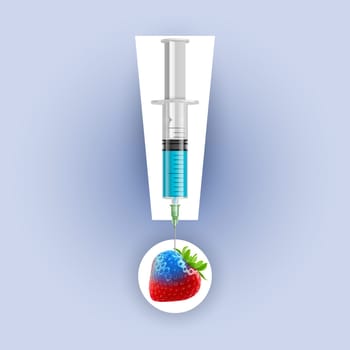 Fresh strawberry undergoing GMO rendered as syringe. Image made as exclamatory mark