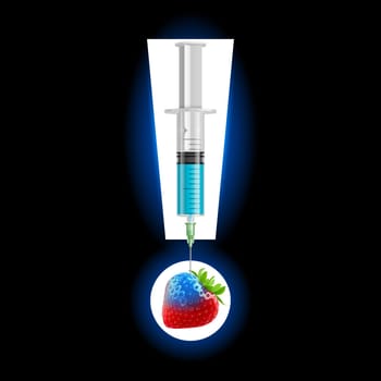 Fresh strawberry undergoing GMO rendered as syringe. Illustration on black background