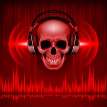 Disco background with skull in headphones, equalizer in red shades