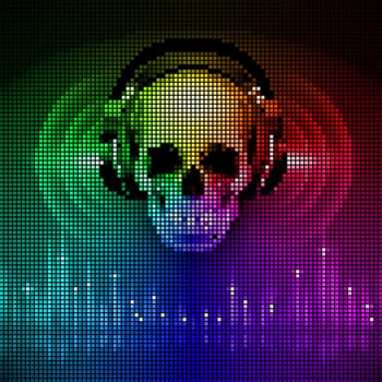 Disco background with skull in headphones, equalizer in spectrum colors. LED style display