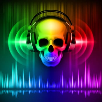 Disco background with skull in headphones, equalizer in spectrum colors