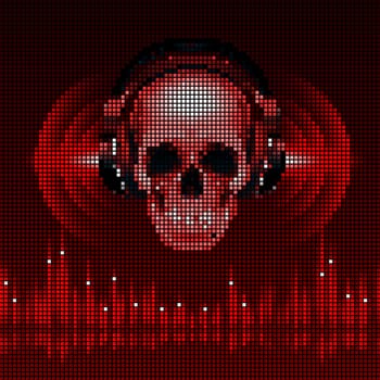 Disco background with skull in headphones, equalizer in red shades. LED style display