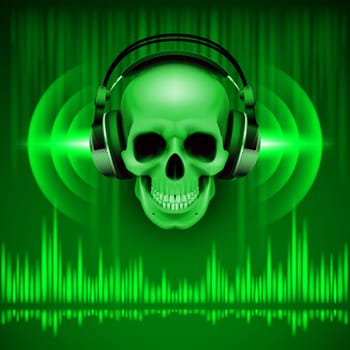 Disco background with skull in headphones, equalizer in green shades