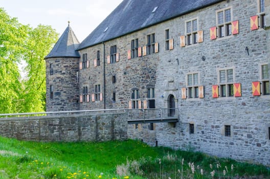 View of an old castle building with tower and moat.