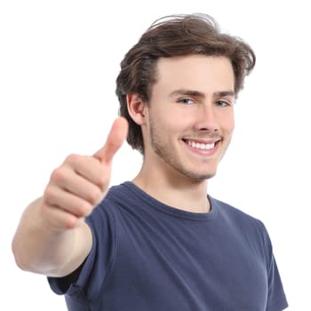 Happy man with a perfect white smile and thumb up isolated on a white background