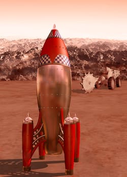Stylized illustration of a retro rocket on the surface of Mars