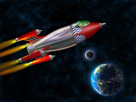 Stylized illustration of a retro rocket flying through space