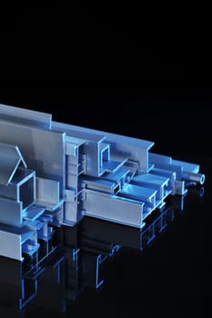 many different aluminium profile strips in blue spotlight