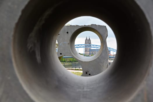 View through two boreholes to the Magdeburg Cathedral