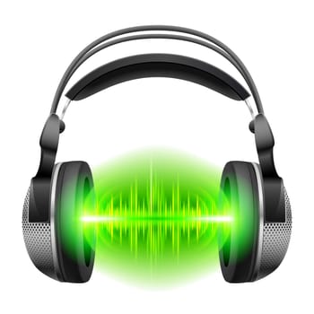 Headphones with green sound waves. Illustration on white background