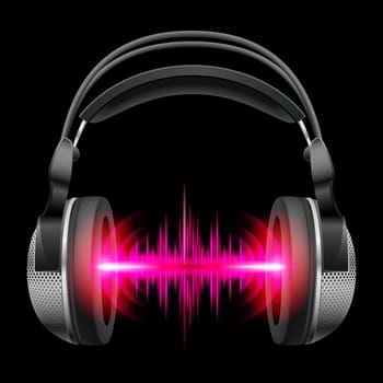 Headphones with red and purple sound waves. Illustration on black background