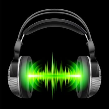 Headphones with green sound waves. Illustration on black background