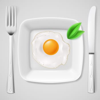 Served breakfast. Fried egg on white plate served with fork and knife