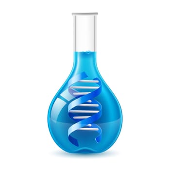 Flask with blue liquid and DNA sign. Science and medicine concept