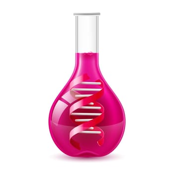 Flask with purple liquid and DNA sign. Science and medicine concept