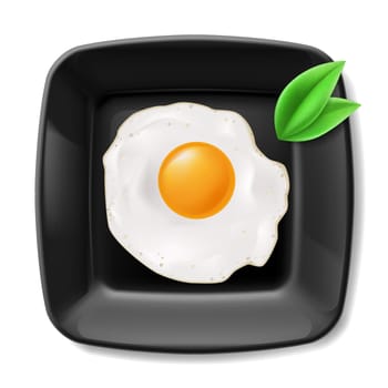 Fried eggs served on black square plate. Casual breakfast