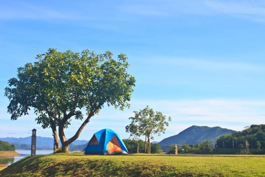 Camping in the wilderness, tent on campground in morning