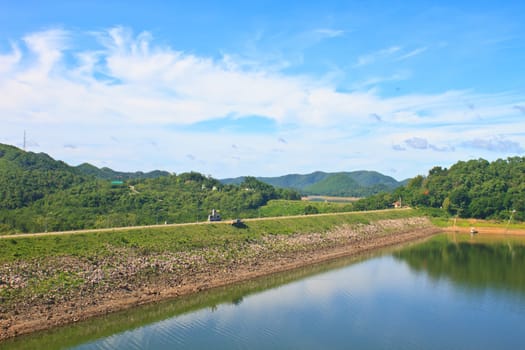 Kaeng Krachan Dam, Thailand, asphalt road and blue sky on top of DAM