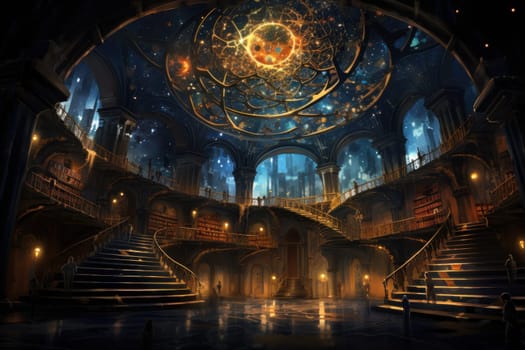 An awe-inspiring depiction of celestial libraries, ancient repositories of boundless universal wisdom.