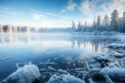 An exquisite visual representation of winter's enchantment, featuring frozen lakes, rivers, and ponds.