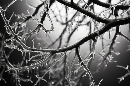 A remarkable portrayal of winter's allure, focusing on the glistening, see-through charm of icicles suspended from rooftops and tree limbs, showcasing their sparkling and crystalline elegance.