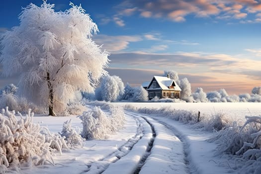 An exquisite winter composition, expertly capturing the tranquil allure of recently fallen snow draping over trees, landscapes, and architectural structures.