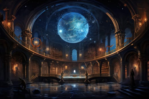 An awe-inspiring depiction of celestial libraries, ancient repositories of boundless universal wisdom.