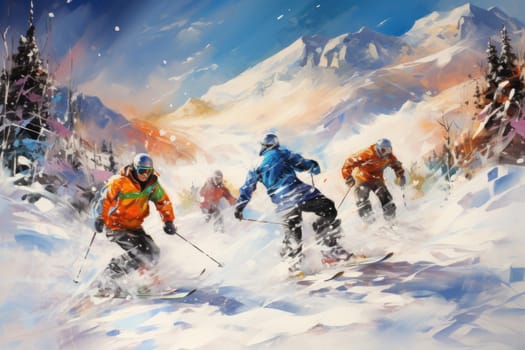 A dynamic portrayal of the exhilarating winter season, featuring individuals engaged in a range of invigorating activities such as skiing, snowboarding, and ice skating.