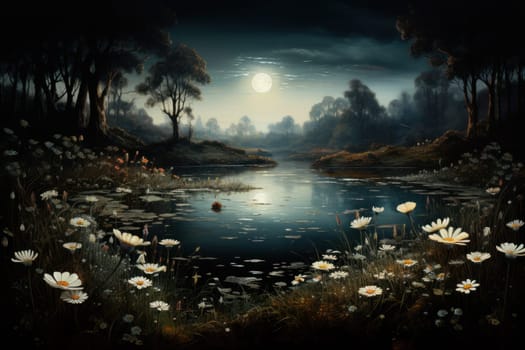 An enchanting portrayal of tranquil moonlit meadows, where dreams materialize and aspirations come to life.