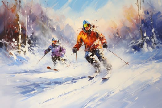 A dynamic portrayal of the exhilarating winter season, featuring individuals engaged in a range of invigorating activities such as skiing, snowboarding, and ice skating.