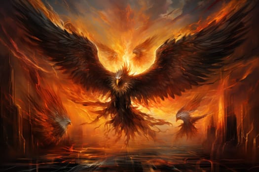 An awe-inspiring portrayal of fabled phoenix riders, gracefully soaring through the skies astride magnificent fiery avian creatures.