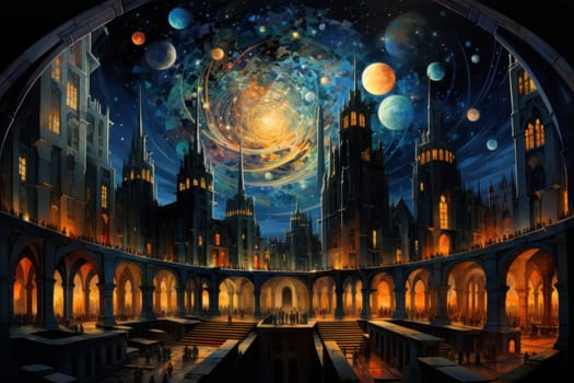 An awe-inspiring depiction of celestial libraries, ancient repositories of boundless universal wisdom.