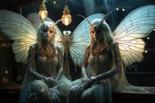A captivating portrayal of celestial moth guardians, their ethereal presence warding off malevolent spirits with a soft, lunar glow.
