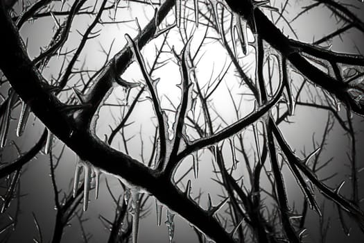 A remarkable portrayal of winter's allure, focusing on the glistening, see-through charm of icicles suspended from rooftops and tree limbs, showcasing their sparkling and crystalline elegance.