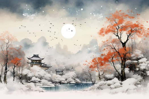 An exquisite winter composition, expertly capturing the tranquil allure of recently fallen snow draping over trees, landscapes, and architectural structures.
