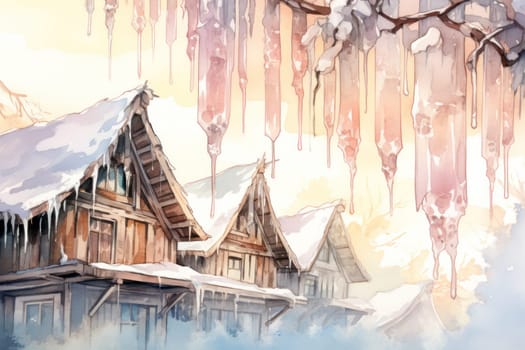 A remarkable portrayal of winter's allure, focusing on the glistening, see-through charm of icicles suspended from rooftops and tree limbs, showcasing their sparkling and crystalline elegance.
