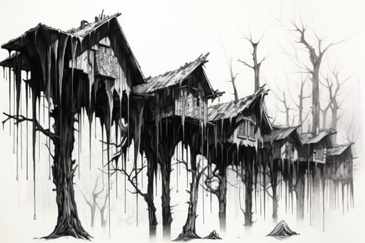 A remarkable portrayal of winter's allure, focusing on the glistening, see-through charm of icicles suspended from rooftops and tree limbs, showcasing their sparkling and crystalline elegance.