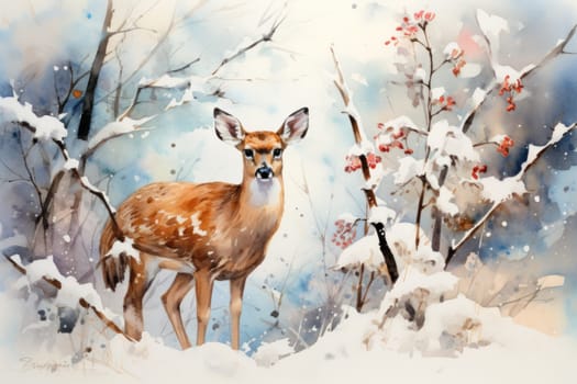 An enchanting winter tableau, showcasing the grace and resilience of wildlife, including deer, birds, and squirrels, in their natural habitats during the frosty season.