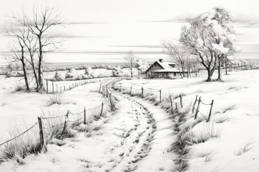 An exquisite winter composition, expertly capturing the tranquil allure of recently fallen snow draping over trees, landscapes, and architectural structures.