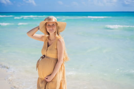 Radiant and expecting, a pregnant woman stands on a pristine snow-white tropical beach, celebrating the miracle of life against a backdrop of natural beauty.