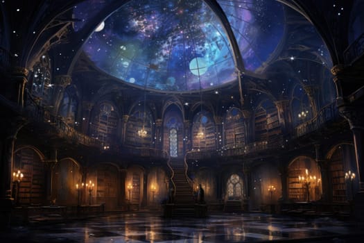 An awe-inspiring depiction of celestial libraries, ancient repositories of boundless universal wisdom.