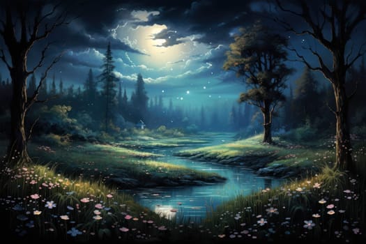 An enchanting portrayal of tranquil moonlit meadows, where dreams materialize and aspirations come to life.