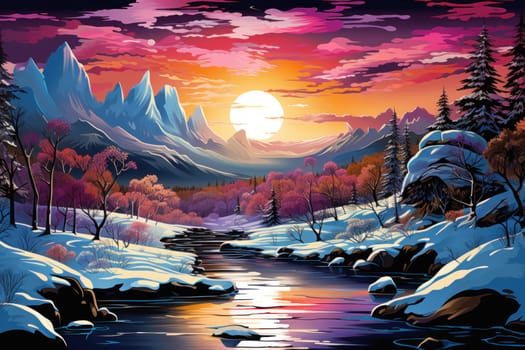 A captivating artistic portrayal of the enchanting winter season, where landscapes are magically transformed into a wonderland adorned with shimmering snow and sparkling icicles.