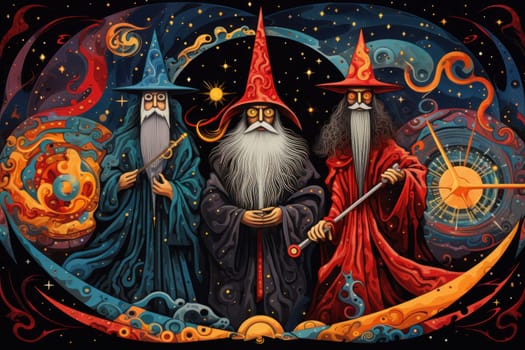 A mesmerizing portrayal of venerable and formidable wizards, exuding wisdom as they masterfully cast intricate arcane spells, wielding ancient staffs adorned with mystic runes.